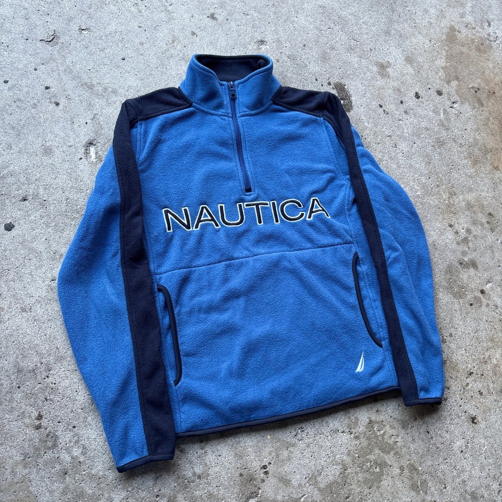 Nautica Mens XS Blue Fleece Quarter Zip Pullover Sweater Logo Spellout